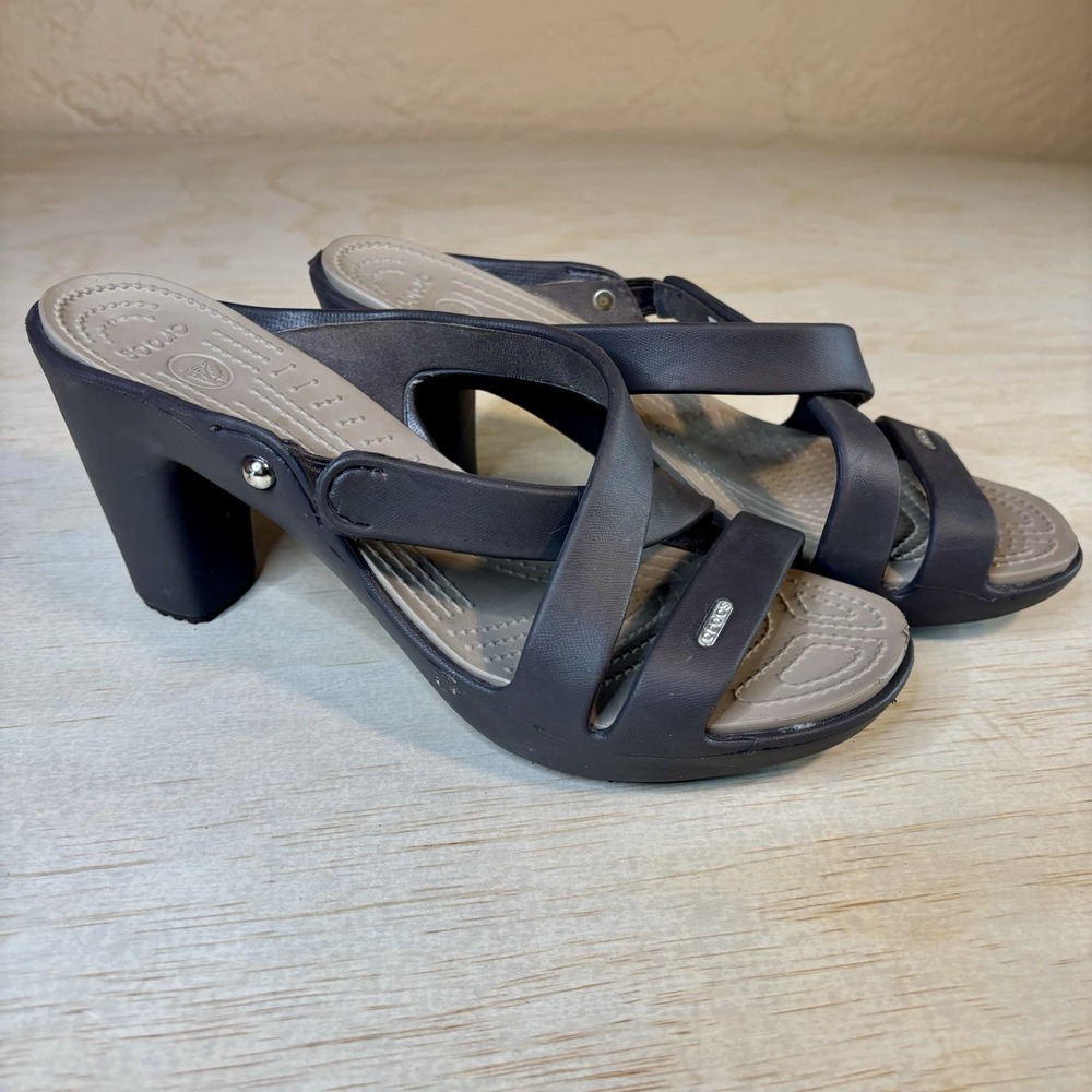 Crocs Cyprus IV 14558 Espresso/Mushroom Women's Strappy Sandals 4" Heel Sz 11